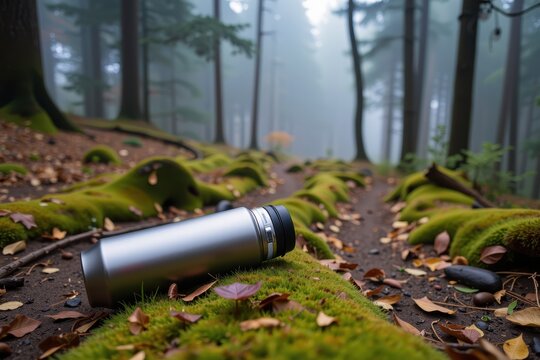 A blank matte silver thermos lying horizontally on a mossy hiking trail, moody misty forest, textless mockup.