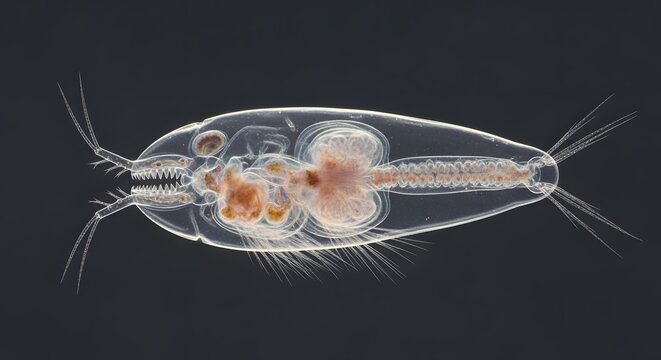 Microscopic View of Transparent Copepod Zooplankton Swimming in Dark Water