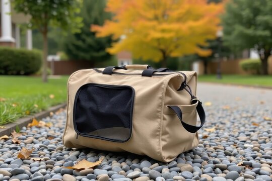 An unbranded canvas pet carrier bag resting on a gravel driveway, autumn trees blurred behind, textless.