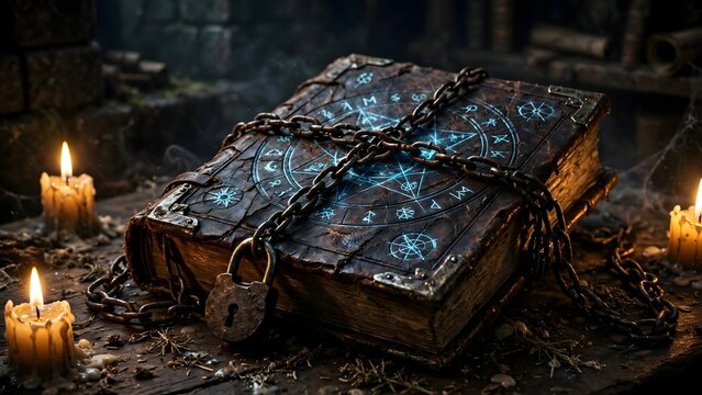 Ancient Grimoire with Glowing Magic Sigils and Chains