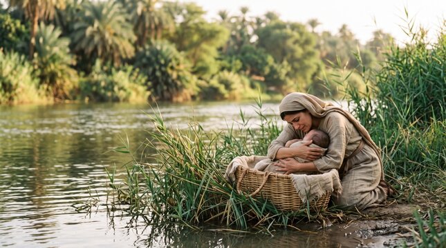 Biblical mother cradles infant Moses beside a woven basket on the lush banks of the Nile River in ancient Egypt