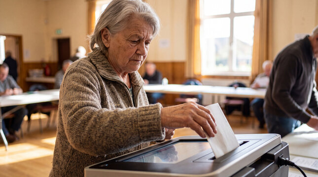 Older woman exercising civic duty, sliding her paper ballot into a secure electronic voting machine at a polling place, symbolizing democratic participation and voter choice