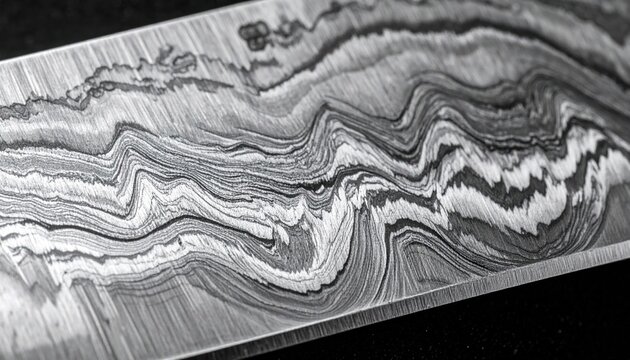 Close-up of Damascus steel blade wavy pattern texture.