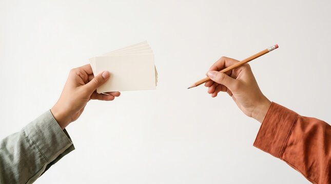 Two hands holding a stack of blank white business cards and a wooden pencil, symbolizing communication, networking, and creative work.