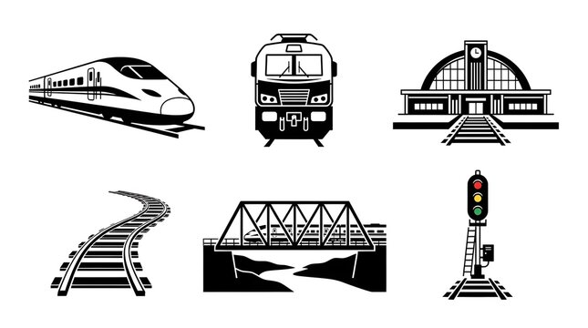 Train and Railway Icon Set Bridge Station Signal Vector Illustration