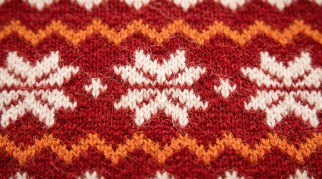Close up of red knitted sweater texture with white snowflake pattern