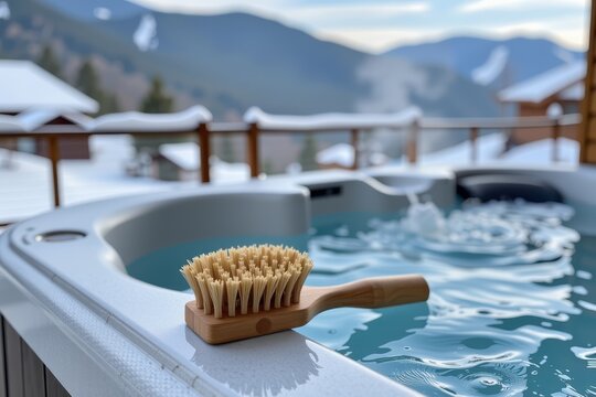 A blank wooden bath brush resting on the edge of a steaming outdoor hot tub, snowy alpine background, textless.