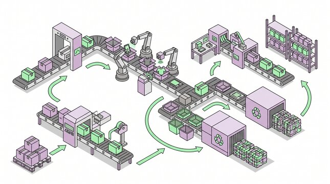 Isometric automated warehouse logistics and recycling illustration