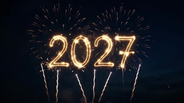 Bright glowing 2027 sparkler typography against a backdrop of grand festive fireworks in the night sky. Spectacular golden fireworks display creates an atmosphere of joy 