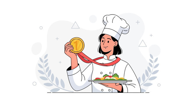 Award-winning Chef Holding First Place Medal and Gourmet Salad, Vector Illustration