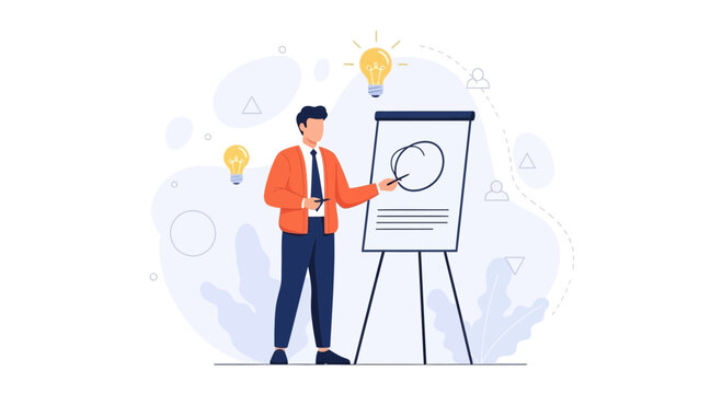 Business Man Presenting Ideas on Flip Chart with Lightbulbs Symbolizing Innovation and Strategy