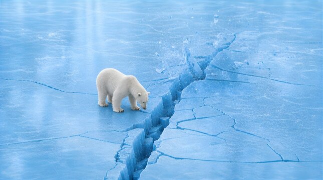 Ein einsamer Eisb&auml;r svor einem tiefen Riss in der arktischen Landschaft.