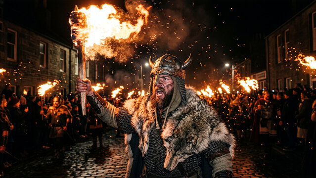 Viking Warrior with Horned Helmet and Fur Cloak Holding Flaming Torch During Up Helly Aa Fire Festival