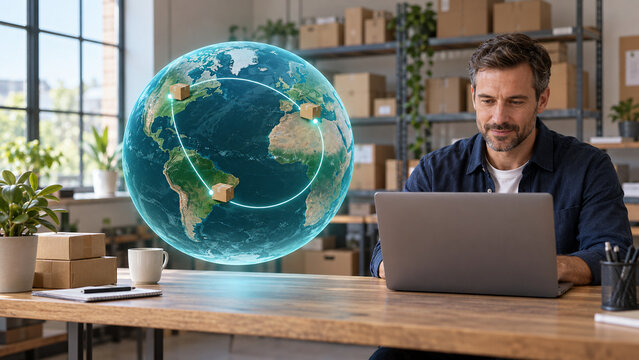 Hombre con laptop y globo terr&aacute;queo con paquetes y rutas luminosas, log&iacute;stica internacional, comercio electr&oacute;nico y distribuci&oacute;n global de mercanc&iacute;as