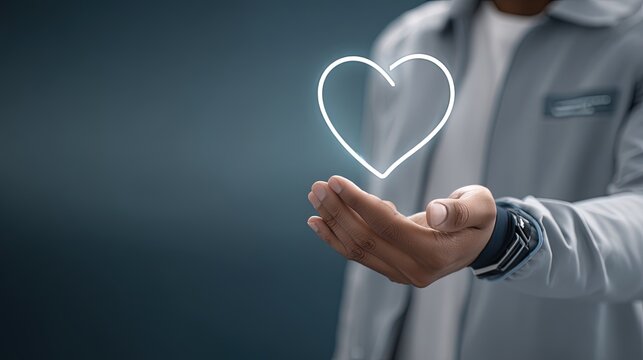 doctor&acirc;&euro;&trade;s hands illuminated by a floating neon heart, symbolizing digital healthcare and medical AI, deep blue hues 