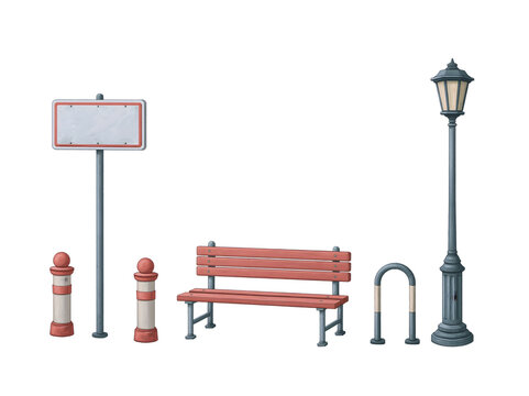 Explore Tranquil Urban Scenes with Vibrant Benches, Charming Lamp Posts, and Elegant Signage - Perfect Illustrations of City Life and Stylish Public Spaces