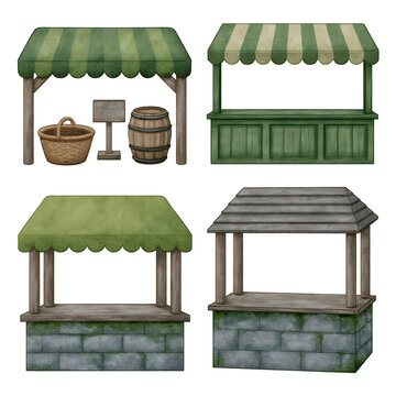 Explore Charming Market Stalls with Green Canopies: Unique Architectural Designs for Outdoor Spaces and Retail Environments