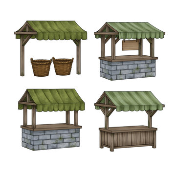 Explore the Charm of Traditional Market Stalls: A Delightful Collection of Green and Wooden Booth Designs Perfect for Outdoor Events and Community Gatherings