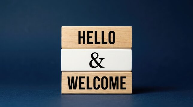Hello and welcome message in a light box on a dark blue background
