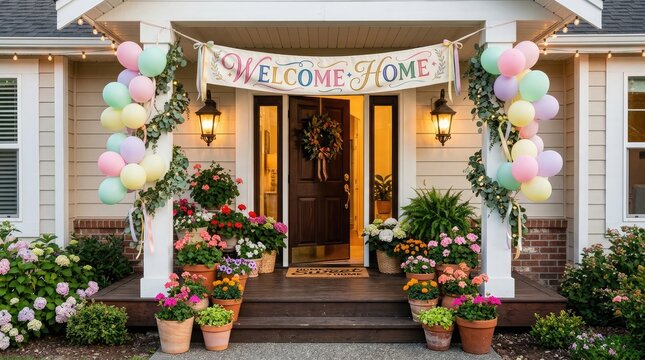 Festive home exterior decorated for a happy birthday celebration with balloons and flowers