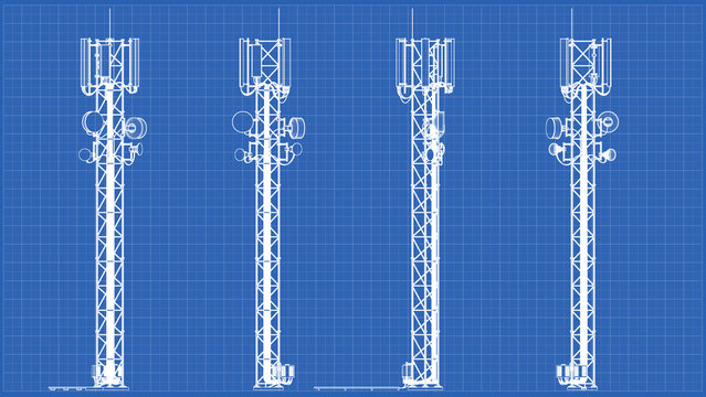 Lattice cell phone tower structure - BTS Technical Drawing - blueprint. Orthographic views - front view. 3D rendering isolated on blue background. 3D Mesh, Sketch, Blueprint, Vector style