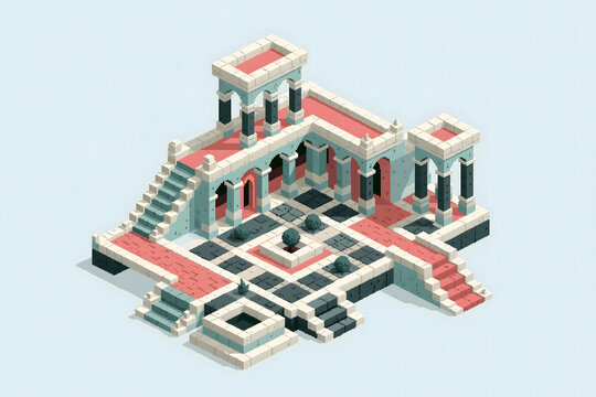 Discover an Enchanting Isometric Temple Structure Blending Modern Design and Historical Elements, Showcasing Intricate Architectural Details and Vivid Colors in a Captivating Landscape.