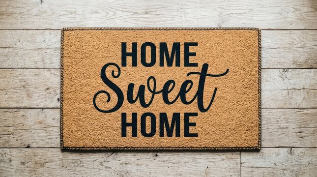 Welcome mat with the words home sweet home resting on light wood planks