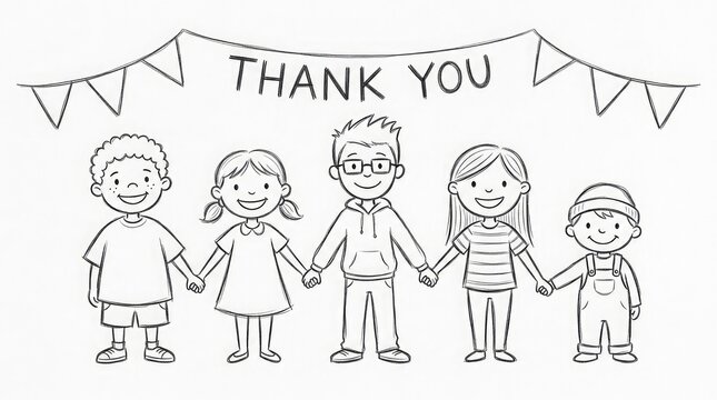 Sketch of children holding hands under thank you banner celebrating gratitude
