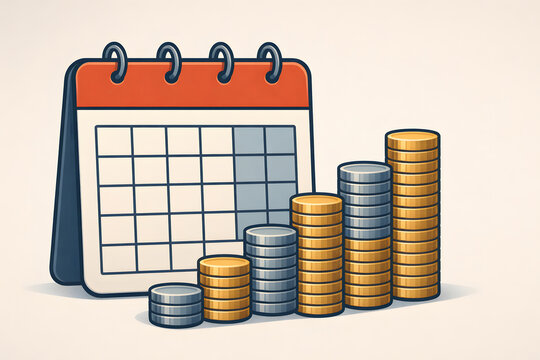 Calendar and stacked coins illustrate recurring financial planning, scheduled savings, budgeting cycles, payment timing, and long-term money management for household or personal finance.
