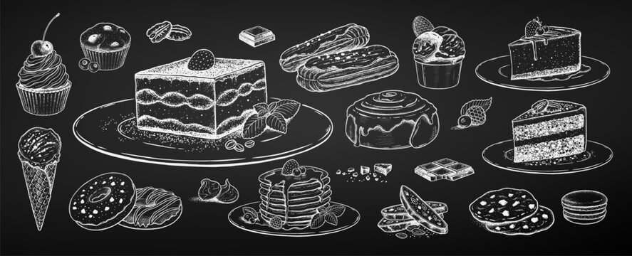 Vector illustration of chalk desserts on blackboard. Hand drawn cake, cupcake, ice cream and pastry collection.