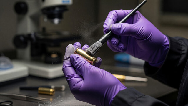 Expert dusting bullet cartridge with brush in laboratory, forensic science and crime investigation