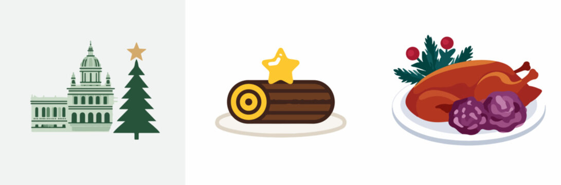 Holiday-Themed Icons Set: Capitol Building, Christmas Tree, Yule Log Cake, Roasted Turkey