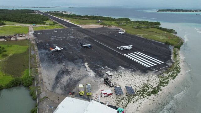 Aerial view of Los Roques airport runway, Venezuela.