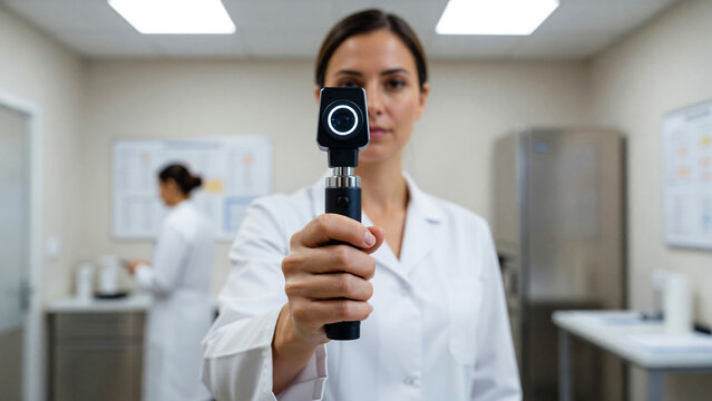 Optometrist holding handheld autorefractor in clinic, eye examination and vision check