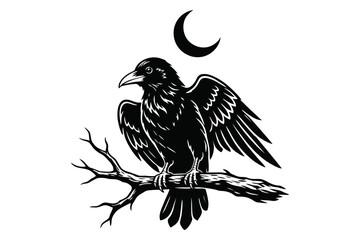 Obraz premium Black Raven Perched on Bare Tree Branch with Crescent Moon Illustration