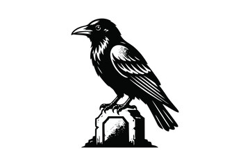 Obraz premium Black Crow Perched on Stone Pedestal Isolated Vector Graphic