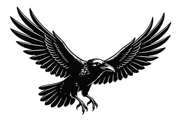 Obraz premium Black Raven in Flight with Spread Wings, Stylized Vector Illustration