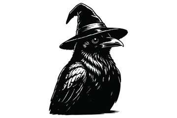 Obraz premium Black Raven Bird Wearing Pointed Witch Hat Illustration