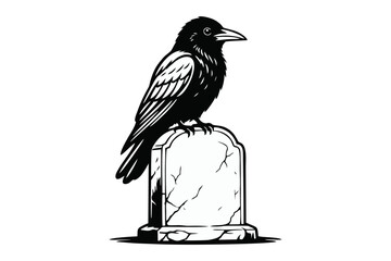 Obraz premium Black Crow Perched on Weathered Gravestone Vector Illustration