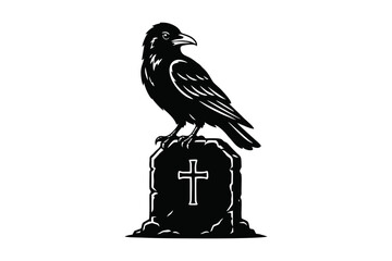 Obraz premium Black Raven Perched on Gravestone with Christian Cross Silhouette Vector Illustration