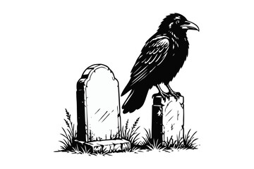 Obraz premium Black Raven Perched on Gravestone in Cemetery, Halloween Gothic Illustration
