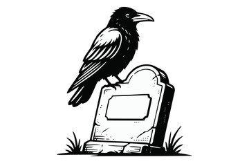 Obraz premium Black Crow Perched on Tombstone Vector Illustration for Halloween and Gothic Themes