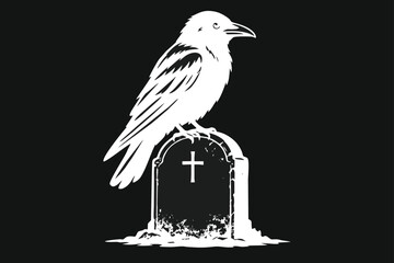 Obraz premium Black and white vector illustration of a crow or raven perched atop a gravestone with a cross symbol.