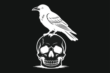 Obraz premium White Raven Perched on Human Skull Illustration. Macabre and Gothic Art Vector.