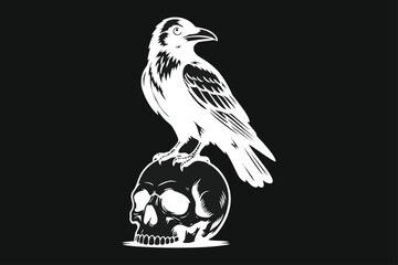 Obraz premium Raven Perching on Human Skull Black and White Graphic Illustration