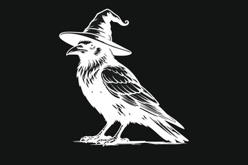 Obraz premium Stylized White Raven or Crow Wearing a Witch Hat Illustration on Black Background