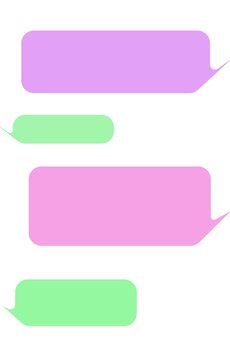 Four blank chat bubbles in purple, pink and green arranged like a text conversation on white, ready templates with space for messages and dialogue text.