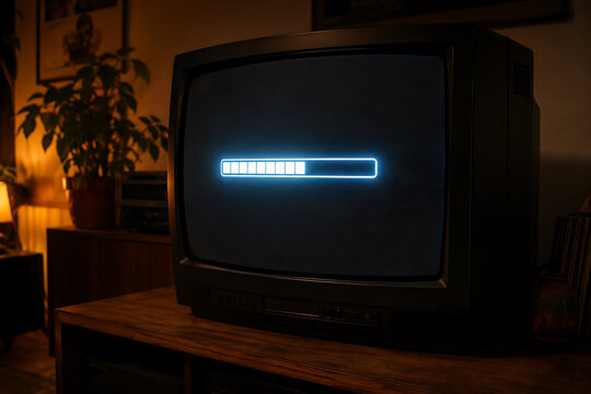 Old television displays a loading bar on its darkened screen in a dim room