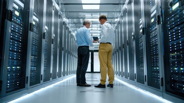 Data Center Collaboration: Two IT professionals discuss data management and network infrastructure amidst rows of glowing server racks in a modern data center.
