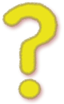 Bright yellow fuzzy neon question mark glowing with a red orange aura on a white background, a bold symbol for help, support, FAQ and quiz designs.